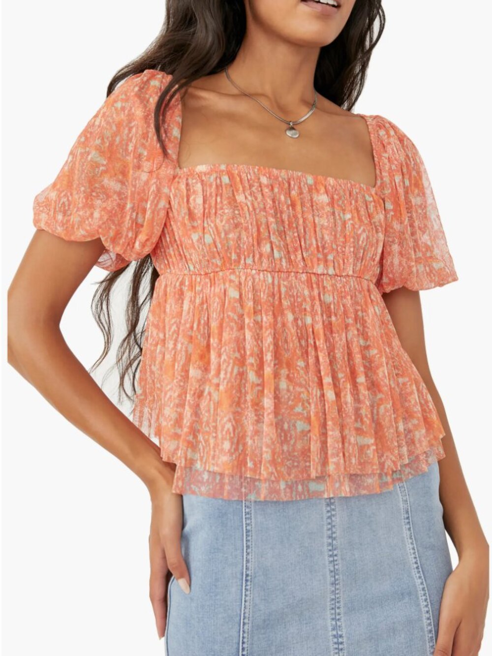 Free People Penelope Mesh Smocked Peplum Top  Size Small  Orange